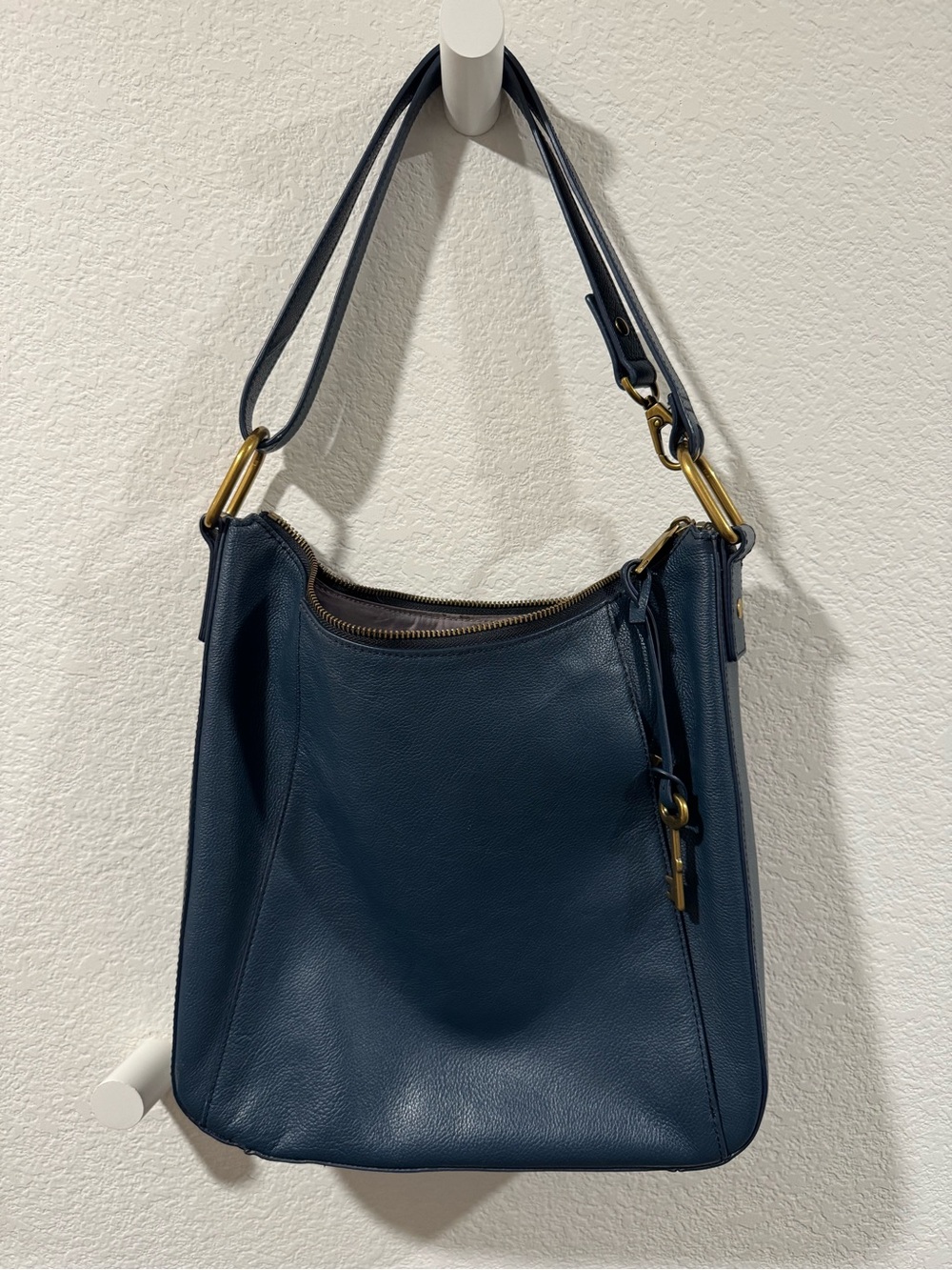 Fossil Deep Navy Leather Shoulder Hobo with Gold Hardware